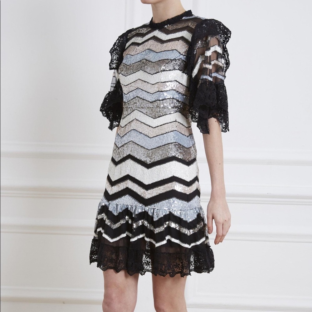 Needle & Thread Lace-trimmed Sequined Tulle Mini Dress In Black